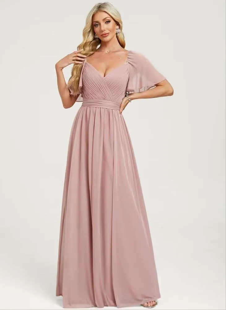 Elegant Chiffon Bridesmaid Dresses 2025 Ruffle Sleeves A-Line Formal Evening Dresses with Slit TM153
