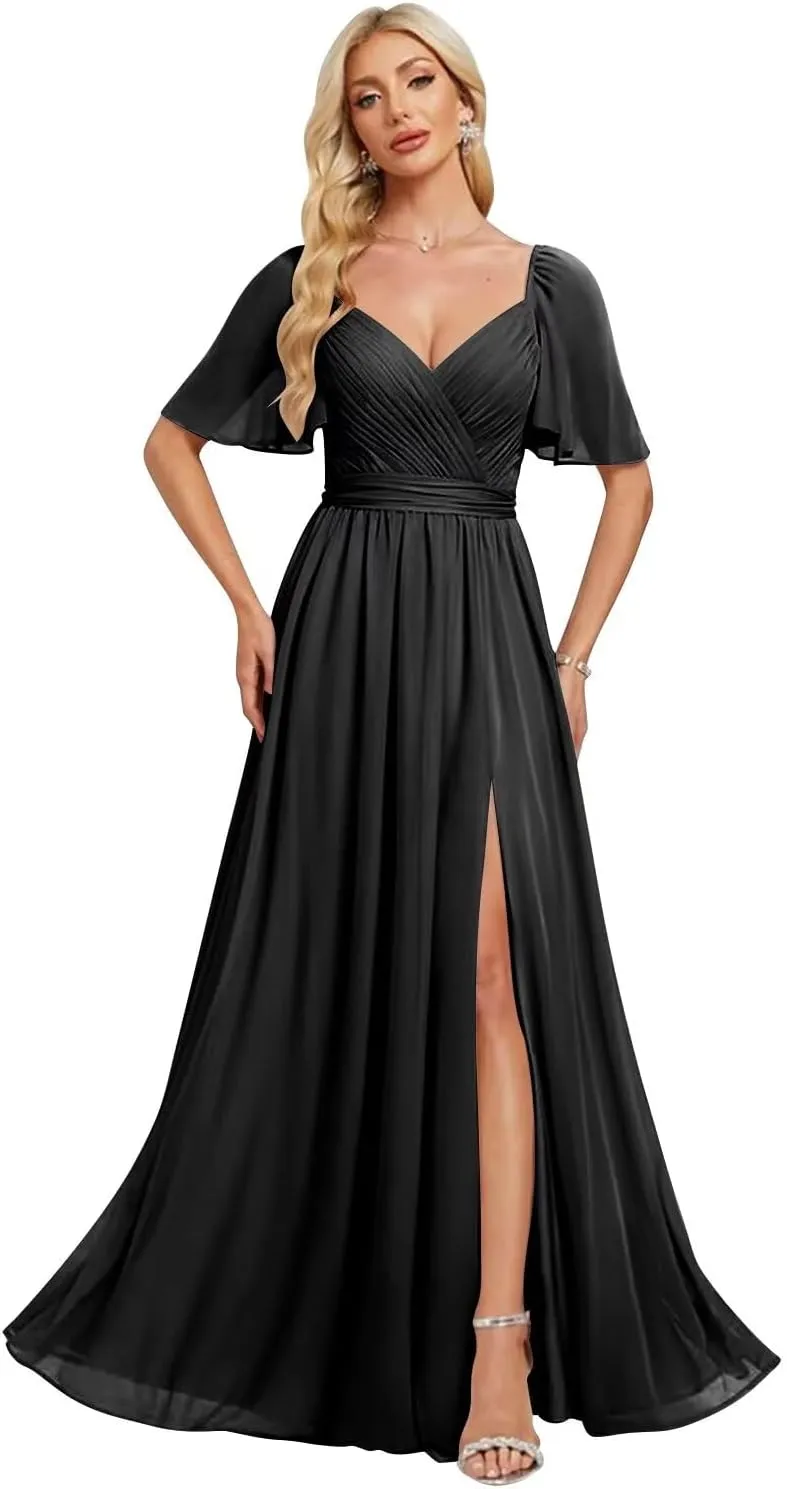 Elegant Chiffon Bridesmaid Dresses 2025 Ruffle Sleeves A-Line Formal Evening Dresses with Slit TM153