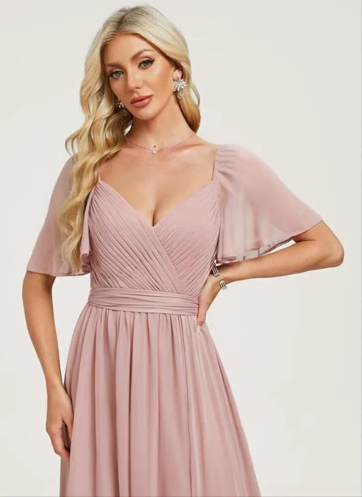 Elegant Chiffon Bridesmaid Dresses 2025 Ruffle Sleeves A-Line Formal Evening Dresses with Slit TM153