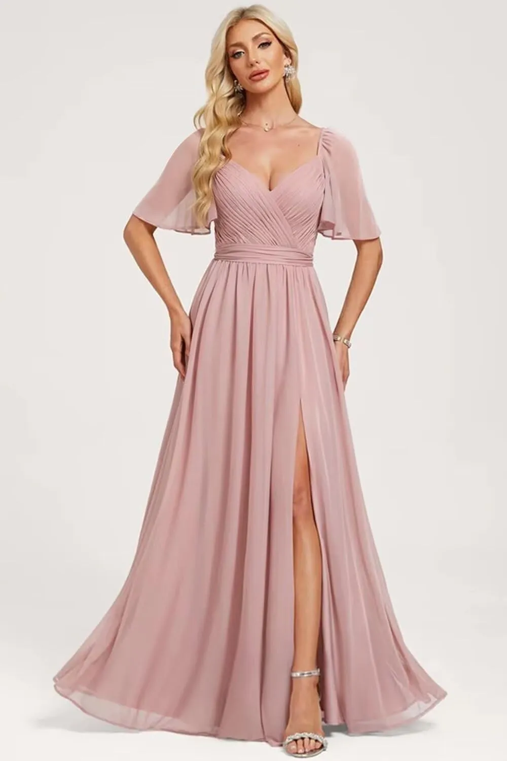 Elegant Chiffon Bridesmaid Dresses 2025 Ruffle Sleeves A-Line Formal Evening Dresses with Slit TM153