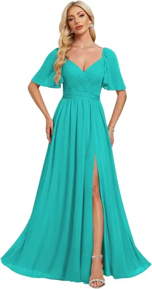 Elegant Chiffon Bridesmaid Dresses 2025 Ruffle Sleeves A-Line Formal Evening Dresses with Slit TM153