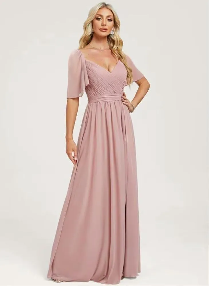 Elegant Chiffon Bridesmaid Dresses 2025 Ruffle Sleeves A-Line Formal Evening Dresses with Slit TM153