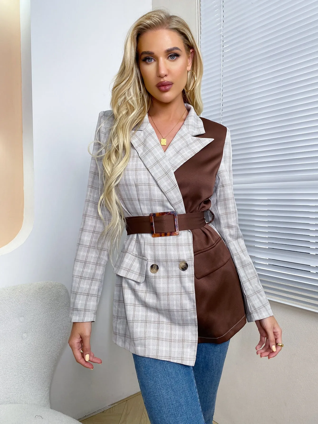 Elegant Colorblock Button Front Long Sleeve Lapel Asymmetrical Regular Women Blazer