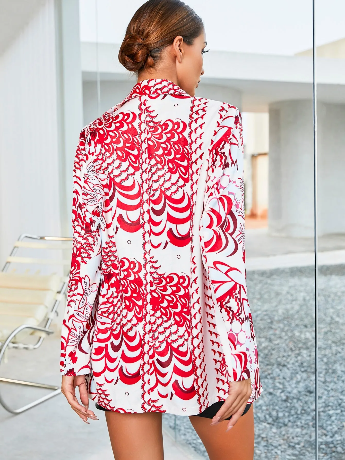 Elegant Graphic Button Long Sleeve Lapel Long Women Blazer