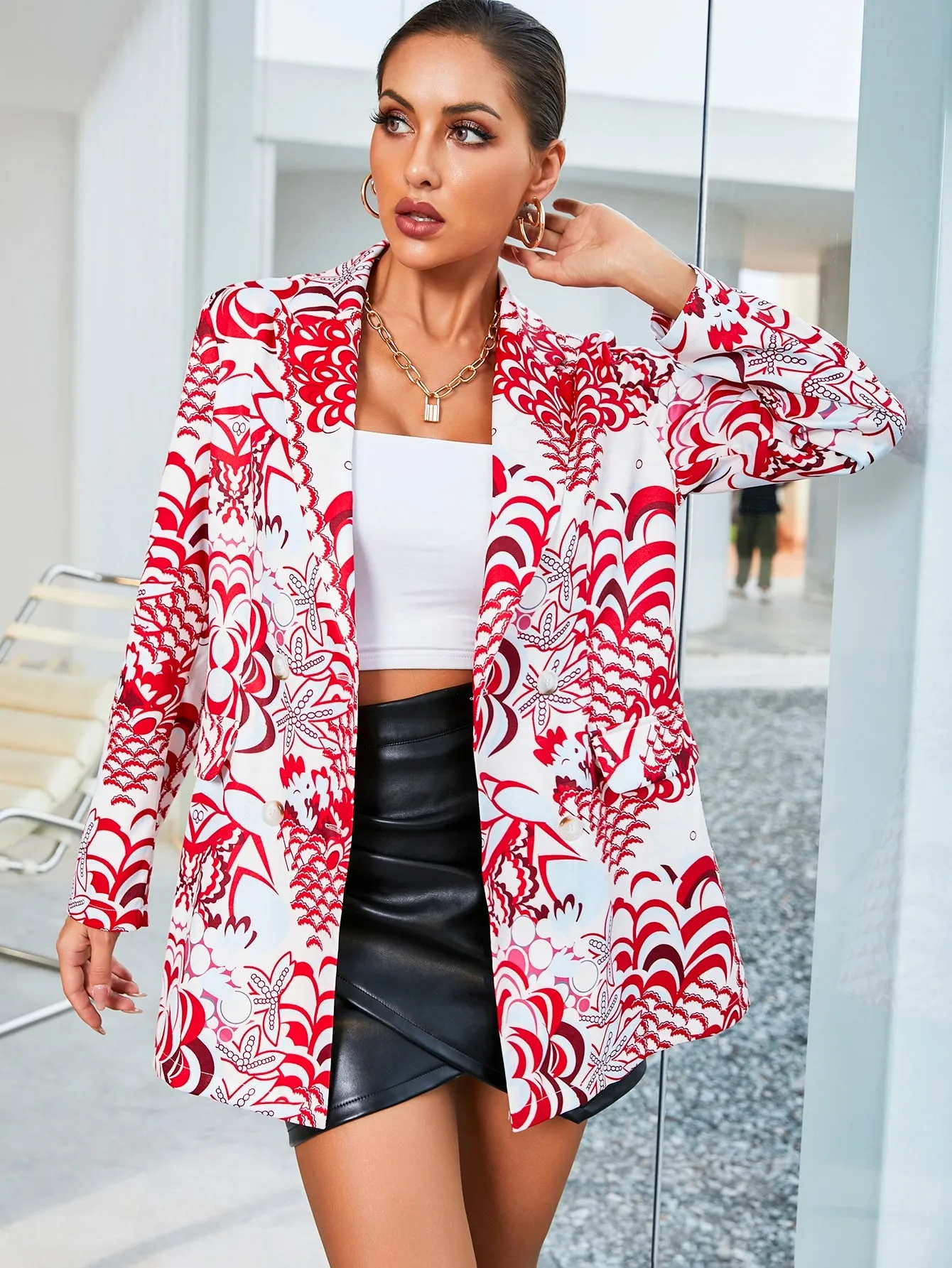 Elegant Graphic Button Long Sleeve Lapel Long Women Blazer