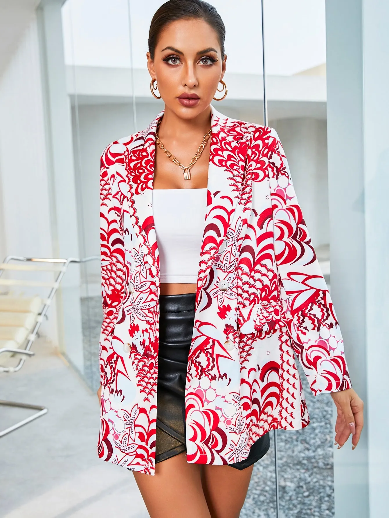 Elegant Graphic Button Long Sleeve Lapel Long Women Blazer