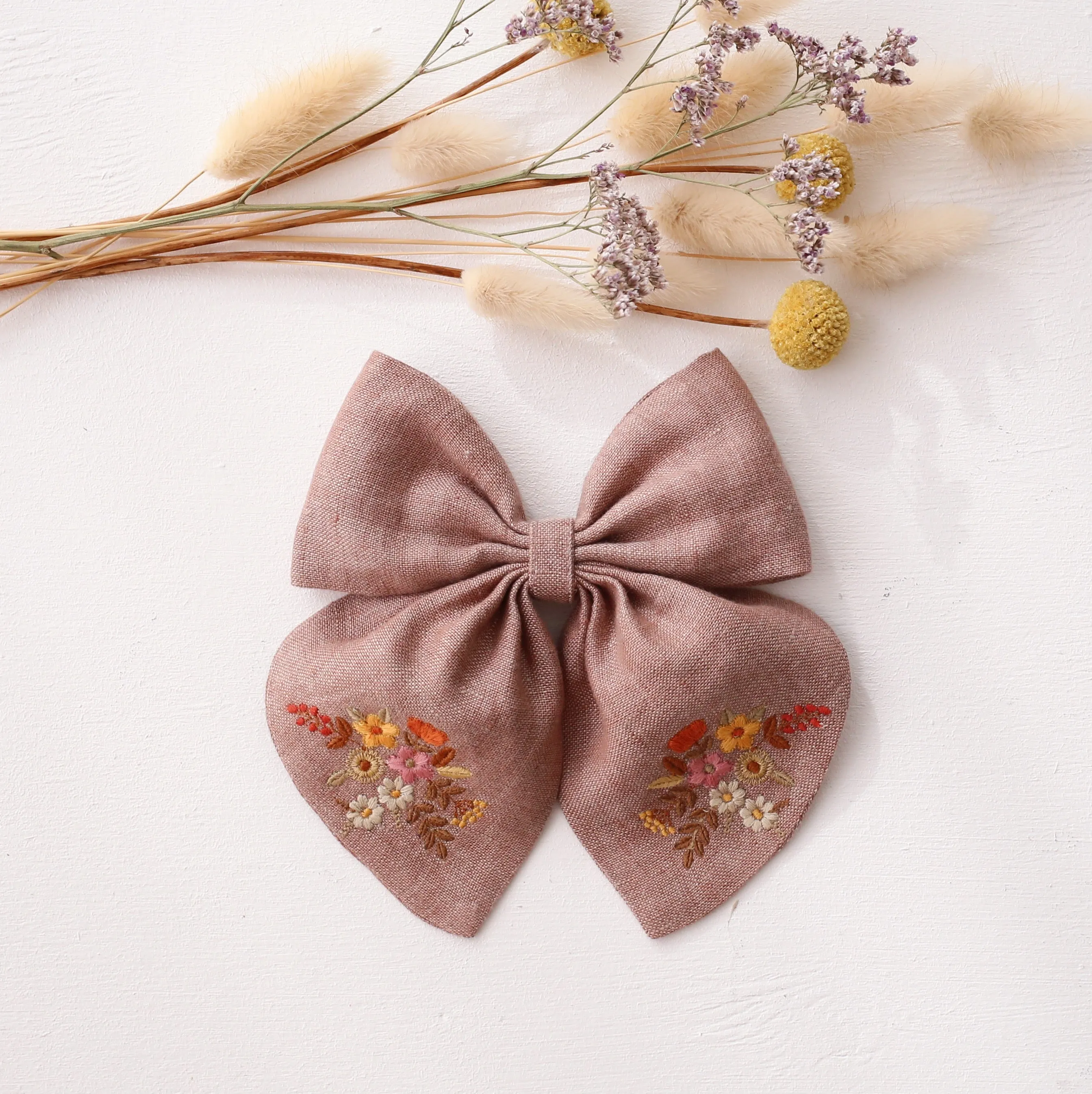 Embroidered Hair Bow with "Autumn Flowers" Embroidery in Rose Smoke Linen