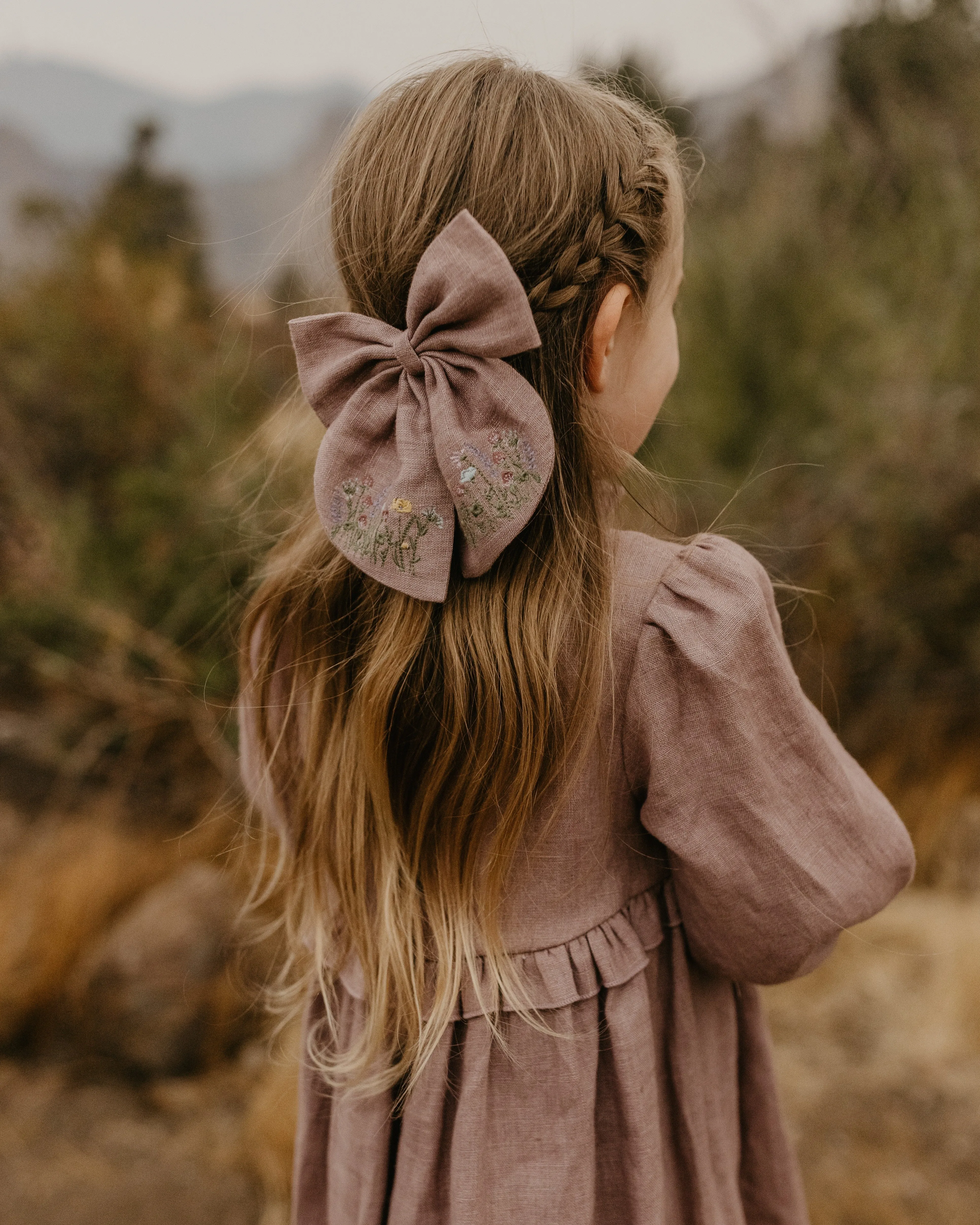 Embroidered Hair Bow with "Bouquet #3" Embroidery in Powder Linen