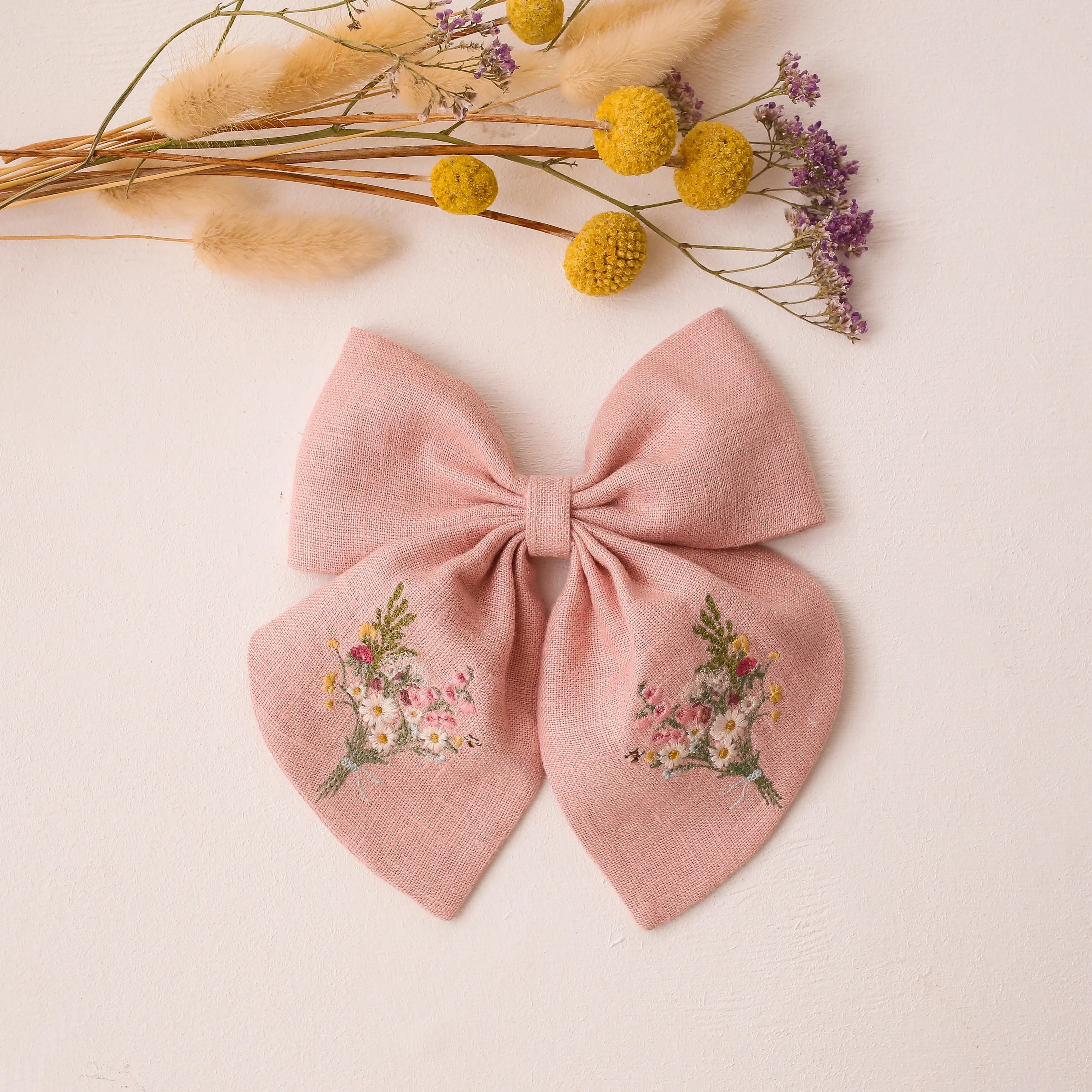 Embroidered Hair Bow with "Bouquet #3" Embroidery in Powder Linen