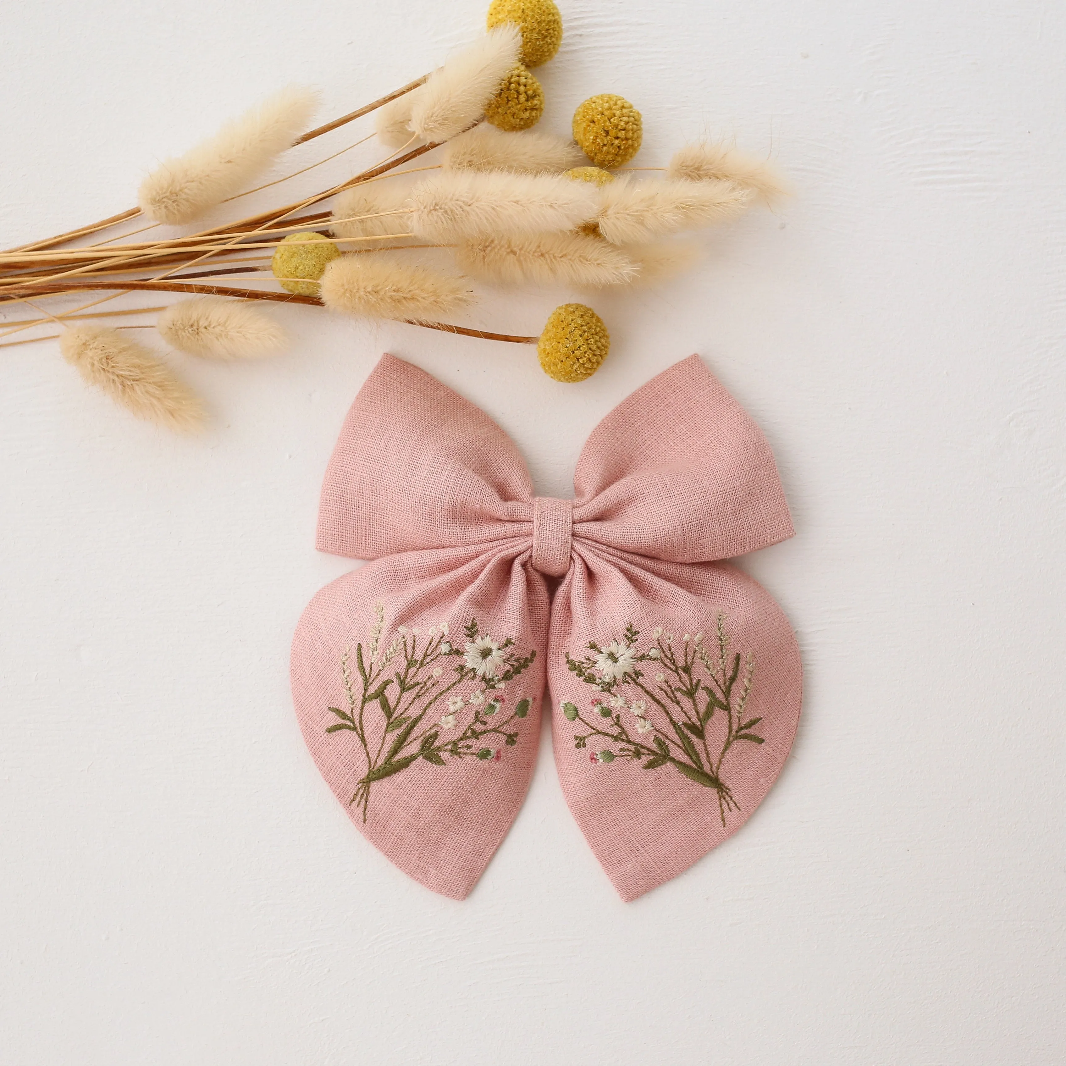 Embroidered Hair Bow with "Bouquet #3" Embroidery in Powder Linen