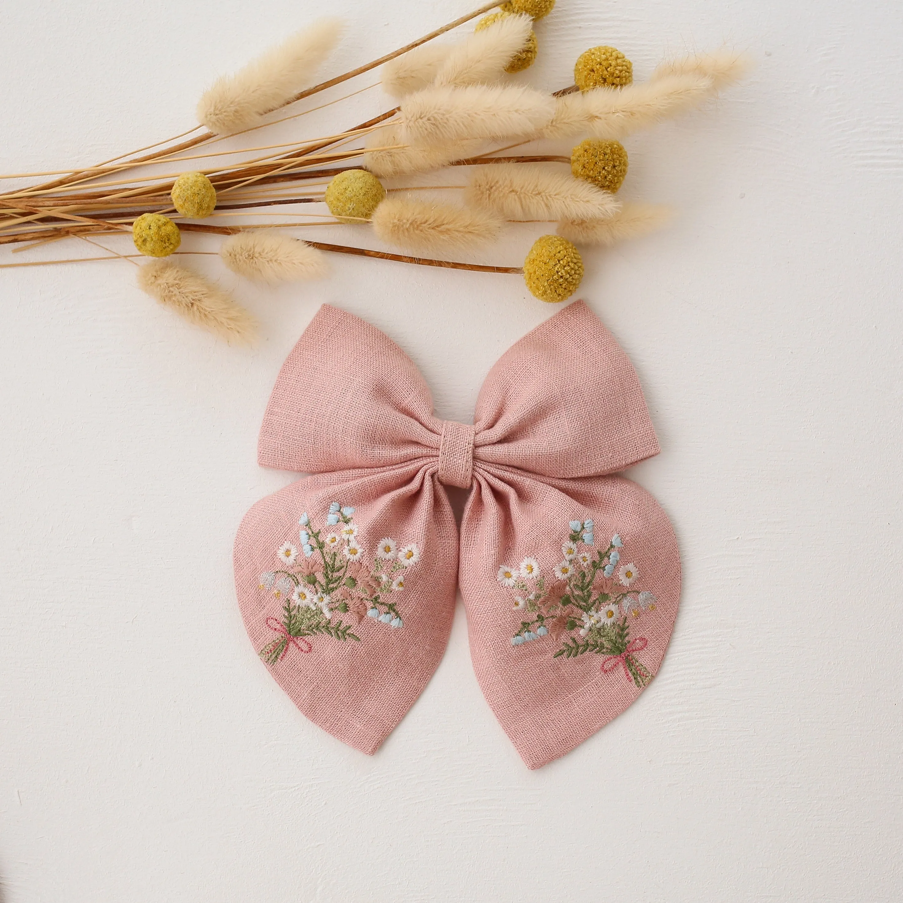 Embroidered Hair Bow with "Bouquet #3" Embroidery in Powder Linen