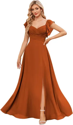 Fancy Bridesmaid Dresses for Women V Neck Ruffled Sleeve A Line Chiffon Long Prom Dress Formal Gown with Slit