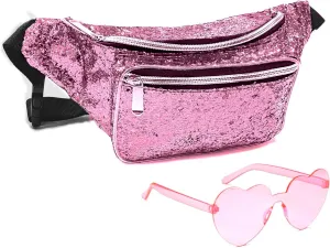 Fanny Pack Holographic with Heart Sunglasses, Adjustable Belts Crossbody Waist Bag for Women Men Daily Wear, Bachelor Party (Pink)