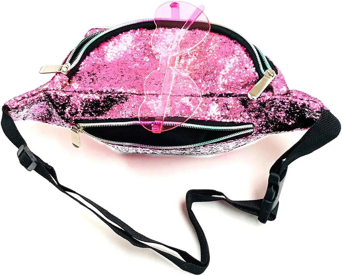 Fanny Pack Holographic with Heart Sunglasses, Adjustable Belts Crossbody Waist Bag for Women Men Daily Wear, Bachelor Party (Pink)