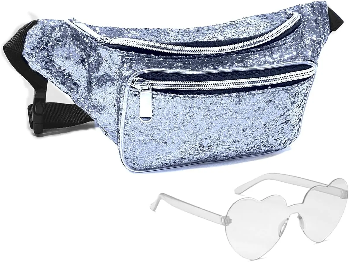 Fanny Pack Holographic with Heart Sunglasses, Adjustable Belts Crossbody Waist Bag for Women Men Daily Wear, Bachelor Party (Silver)