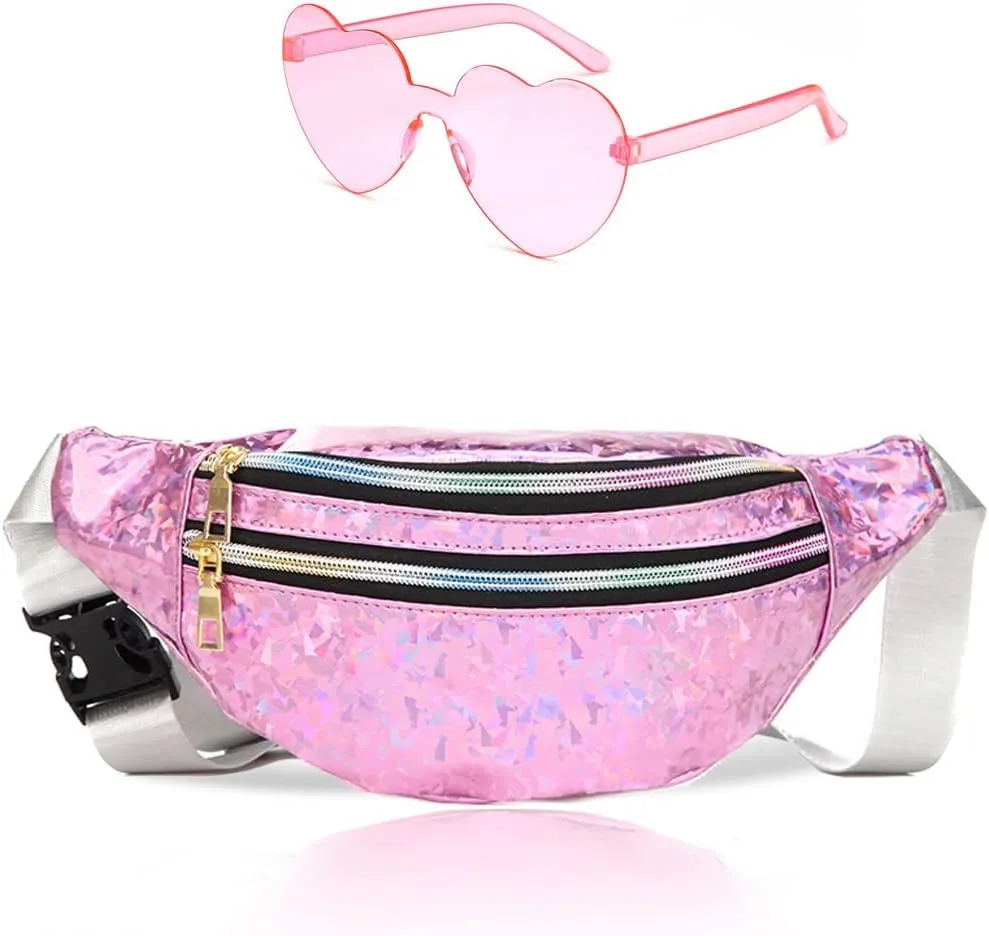 Fanny Pack Holographic with Heart Sunglasses,Waterproof Adjustable Belts Crossbody Waist Bag for Women Men Daily Wear, Bachelor Party (Peach pink)