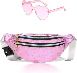 Fanny Pack Holographic with Heart Sunglasses,Waterproof Adjustable Belts Crossbody Waist Bag for Women Men Daily Wear, Bachelor Party (Peach pink)