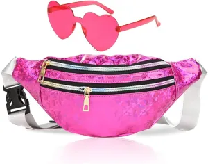 Fanny Pack Holographic with Heart Sunglasses,Waterproof Adjustable Belts Crossbody Waist Bag for Women Men Daily Wear, Bachelor Party (pink)