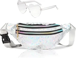 Fanny Pack Holographic with Heart Sunglasses,Waterproof Adjustable Belts Crossbody Waist Bag for Women Men Daily Wear, Bachelor Party (white)