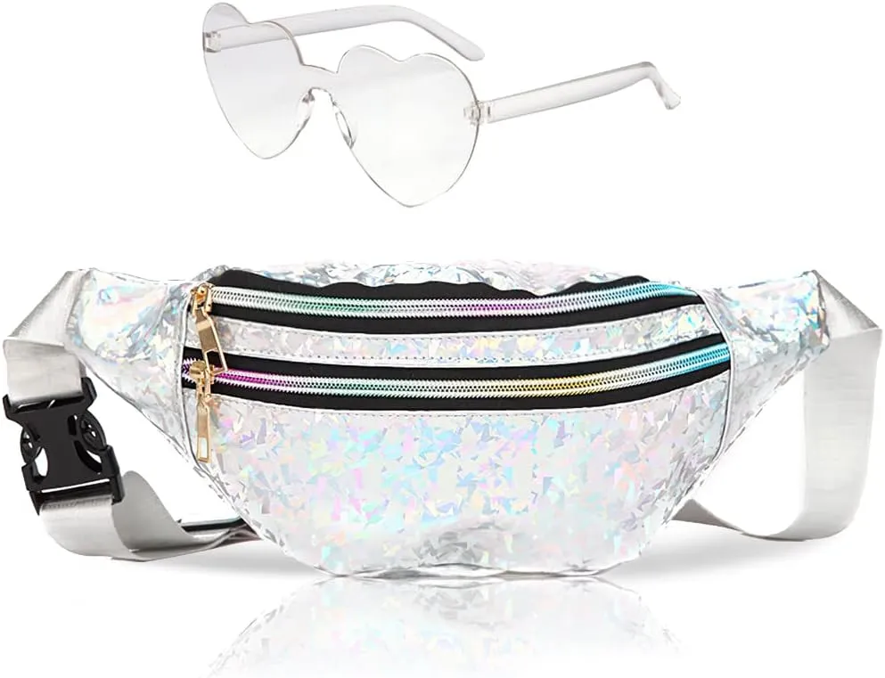 Fanny Pack Holographic with Heart Sunglasses,Waterproof Adjustable Belts Crossbody Waist Bag for Women Men Daily Wear, Bachelor Party (white)