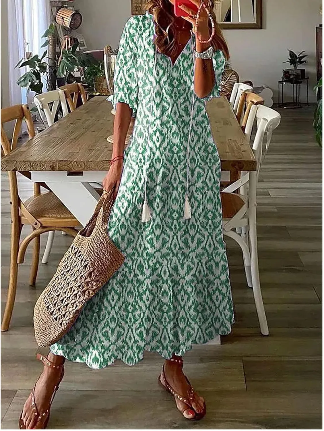 fartey Womens Summer Maxi Dresses V Neck 3/4 Sleeve Floral Print Boho Dresses Casual Loose Flowy Ruffle Wedding Guest Dress
