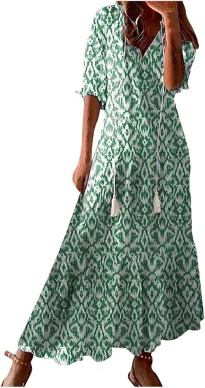 fartey Womens Summer Maxi Dresses V Neck 3/4 Sleeve Floral Print Boho Dresses Casual Loose Flowy Ruffle Wedding Guest Dress