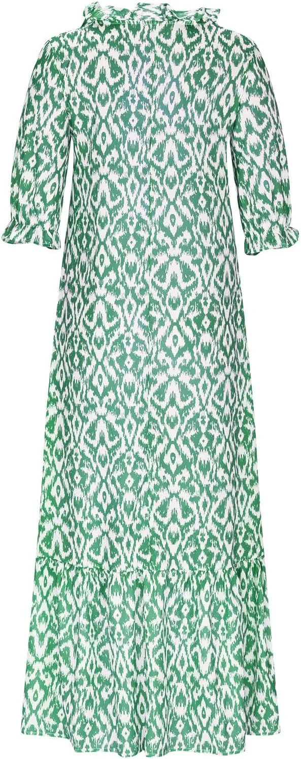 fartey Womens Summer Maxi Dresses V Neck 3/4 Sleeve Floral Print Boho Dresses Casual Loose Flowy Ruffle Wedding Guest Dress