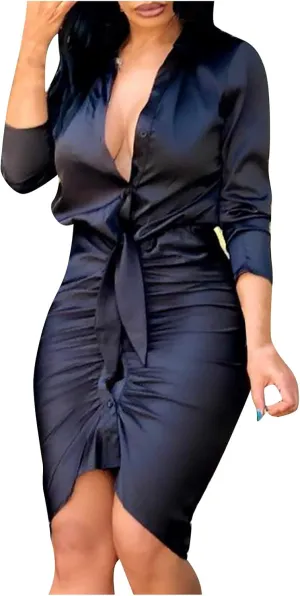 Fashion Dress for Women Vintage Professional Dress Plus Size V-Neck Long Sleeve Bandage Slim Shirt Dress