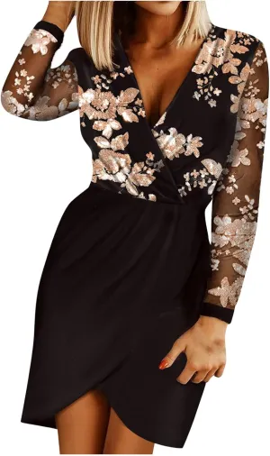 Fashion Dress for Women Vintage Professional Dress Plus Size V-Neck Long Sleeve Bandage Slim Shirt Dress