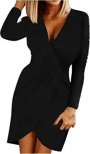 Fashion Dress for Women Vintage Professional Dress Plus Size V-Neck Long Sleeve Bandage Slim Shirt Dress
