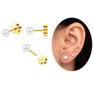 Flat Back Pearl Stud Earrings for Women Girls Stainless Steel Small Pearl Cartilage Earrings Hypoallergenic Pearl Screw Back Earrings for Sensitive Skin Helix Piercing Jewelry (4mm, Gold)