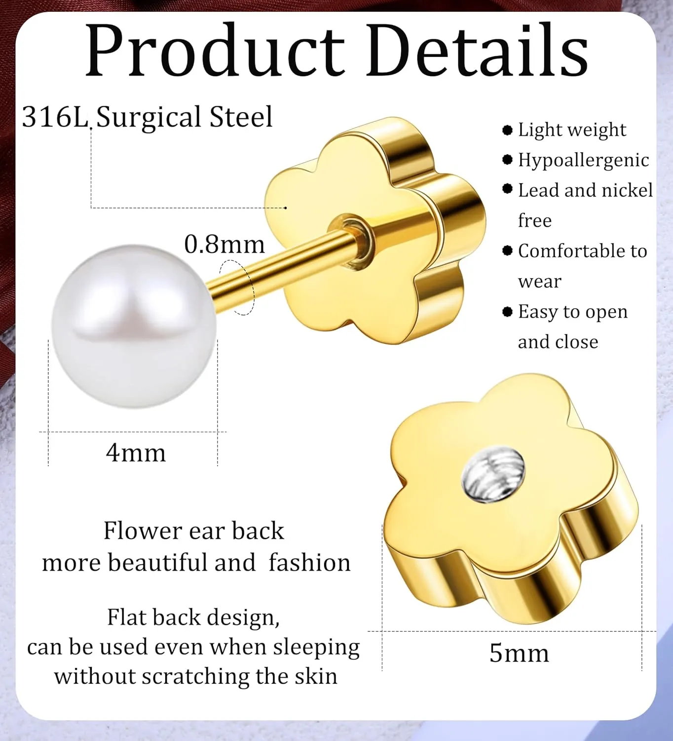 Flat Back Pearl Stud Earrings for Women Girls Stainless Steel Small Pearl Cartilage Earrings Hypoallergenic Pearl Screw Back Earrings for Sensitive Skin Helix Piercing Jewelry (4mm, Gold)