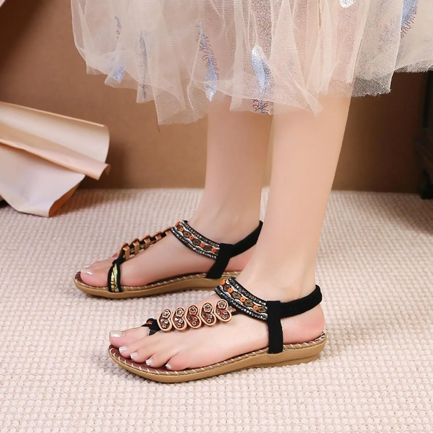 Flat Sandals for Women Dressy 2025 New Bohemian Fashion Non-Slip Orthopedic Sandals Elegant Rhinestone Shoes
