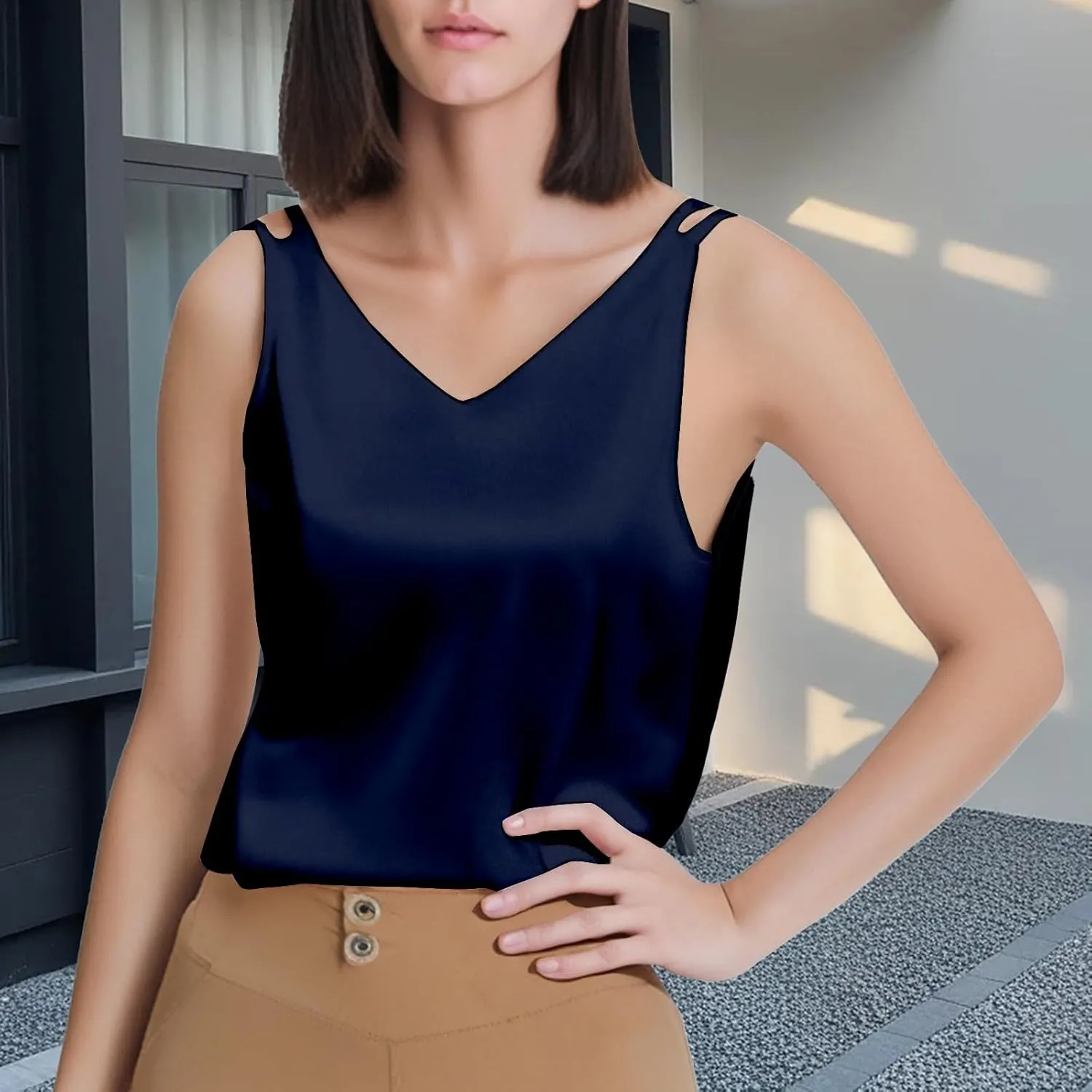 Flattering Tank Tops for Women V Neck Satin Silk Flowy 2025 Summer Outfits Plus Size Lightweight Loose Fit Clothes