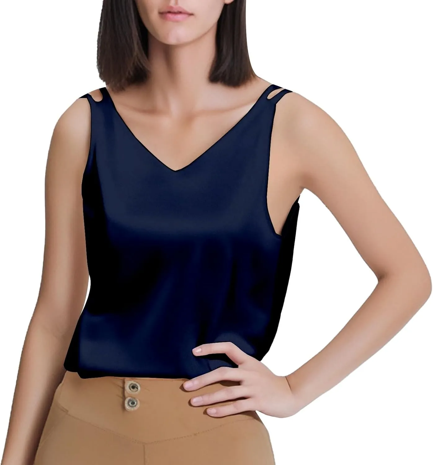 Flattering Tank Tops for Women V Neck Satin Silk Flowy 2025 Summer Outfits Plus Size Lightweight Loose Fit Clothes