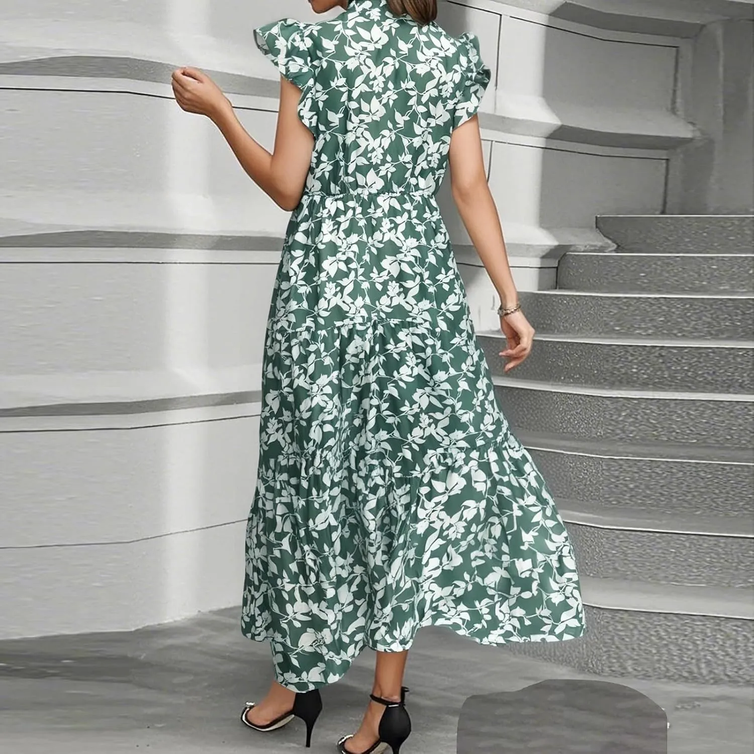 Floral Dress for Women Casual Summer Boho Cap Sleeve V Neck Wrap Maxi Dresses Flowy A Line Beach Vacation Sundress