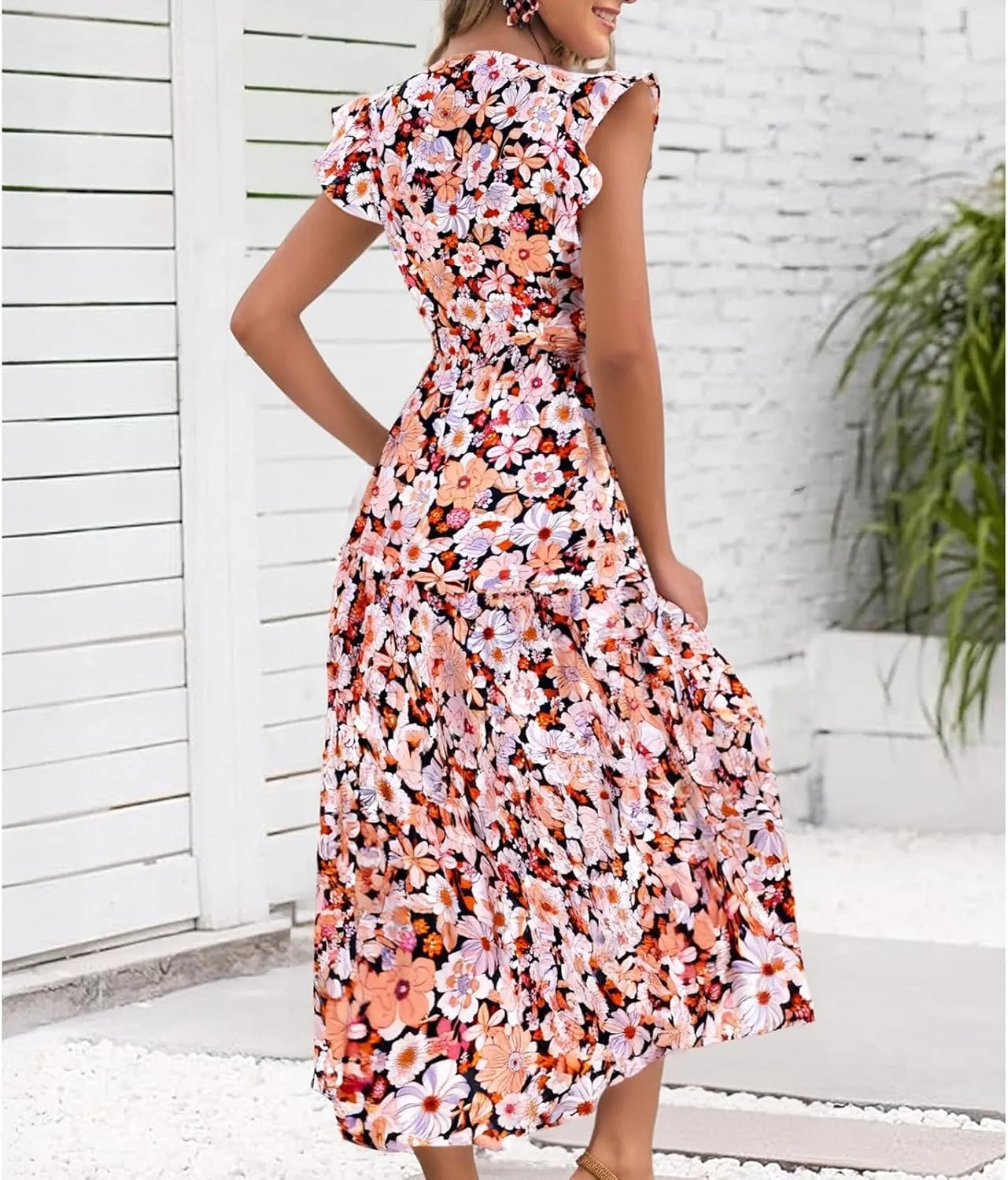 Floral Dress for Women Casual Summer Boho Cap Sleeve V Neck Wrap Maxi Dresses Flowy A Line Beach Vacation Sundress
