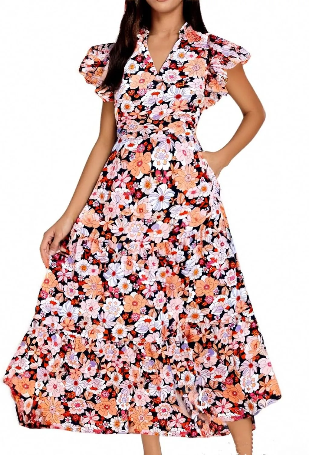 Floral Dress for Women Casual Summer Boho Cap Sleeve V Neck Wrap Maxi Dresses Flowy A Line Beach Vacation Sundress