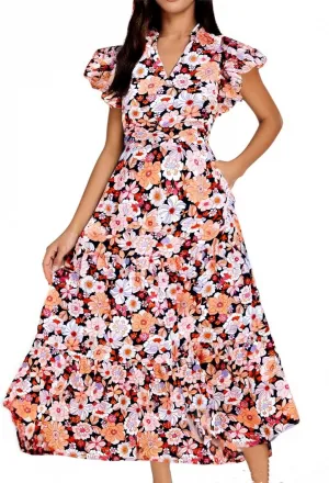 Floral Dress for Women Casual Summer Boho Cap Sleeve V Neck Wrap Maxi Dresses Flowy A Line Beach Vacation Sundress