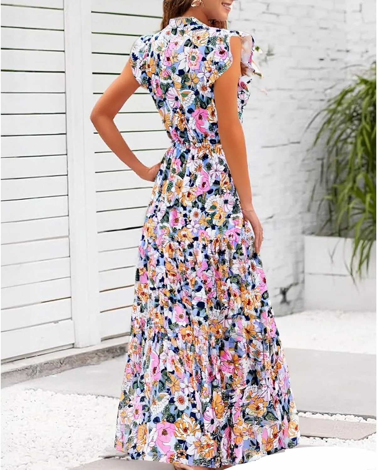 Floral Dress for Women Casual Summer Boho Cap Sleeve V Neck Wrap Maxi Dresses Flowy A Line Beach Vacation Sundress