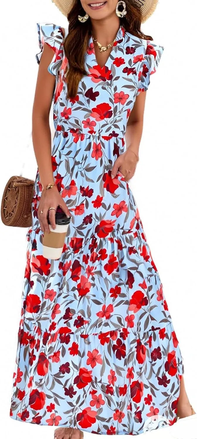Floral Dress for Women Casual Summer Boho Cap Sleeve V Neck Wrap Maxi Dresses Flowy A Line Beach Vacation Sundress