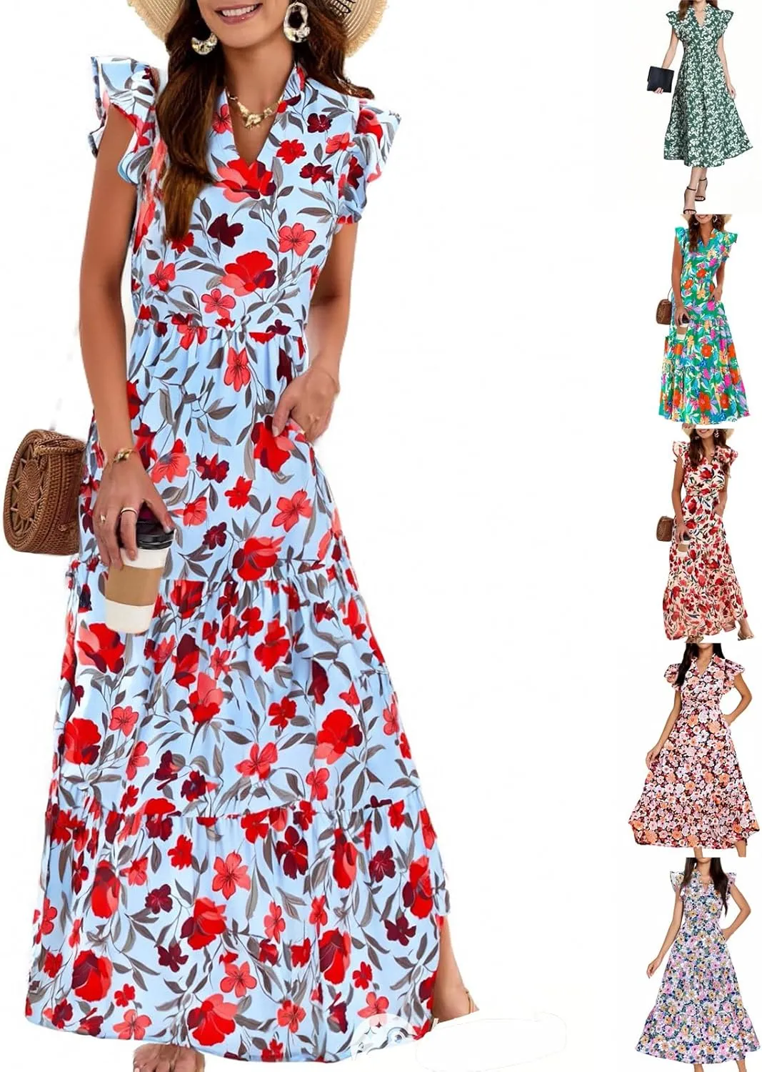 Floral Dress for Women Casual Summer Boho Cap Sleeve V Neck Wrap Maxi Dresses Flowy A Line Beach Vacation Sundress