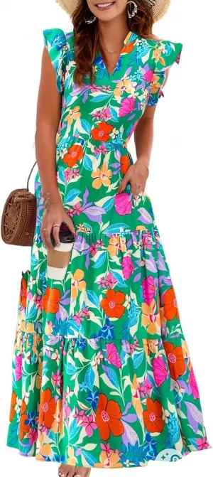 Floral Dress for Women Casual Summer Boho Cap Sleeve V Neck Wrap Maxi Dresses Flowy A Line Beach Vacation Sundress