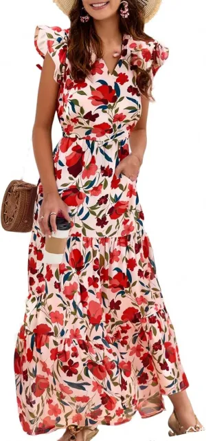 Floral Dress for Women Casual Summer Boho Cap Sleeve V Neck Wrap Maxi Dresses Flowy A Line Beach Vacation Sundress