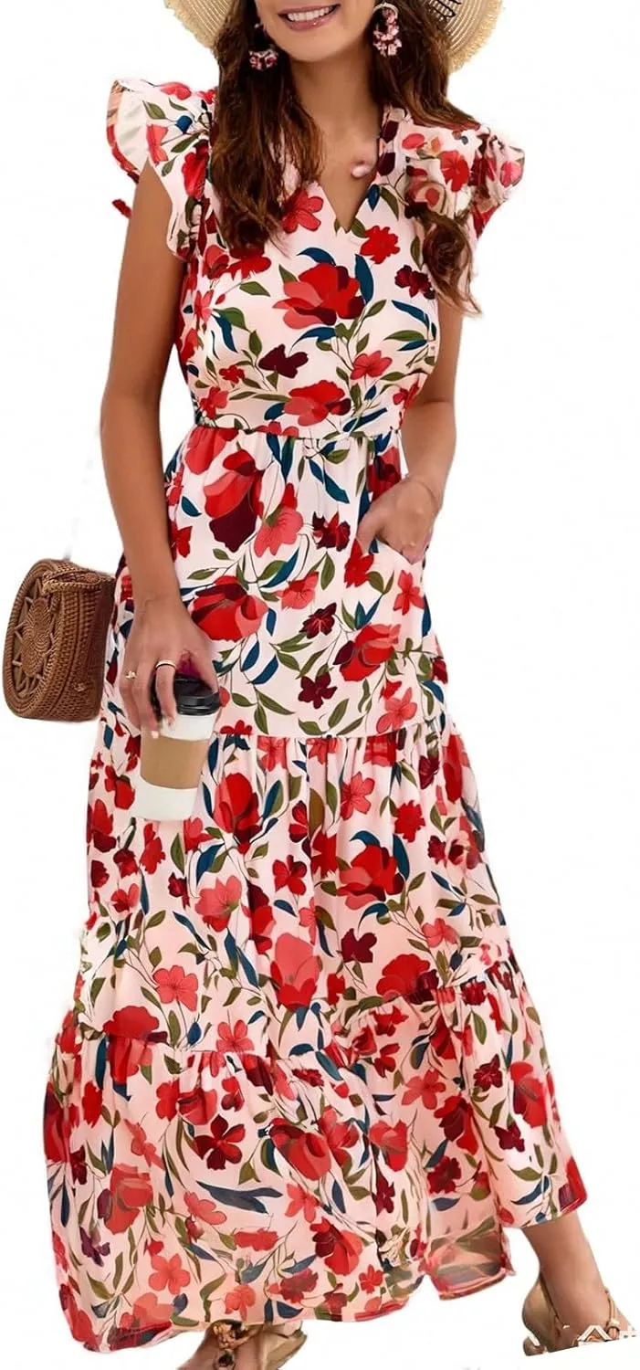 Floral Dress for Women Casual Summer Boho Cap Sleeve V Neck Wrap Maxi Dresses Flowy A Line Beach Vacation Sundress