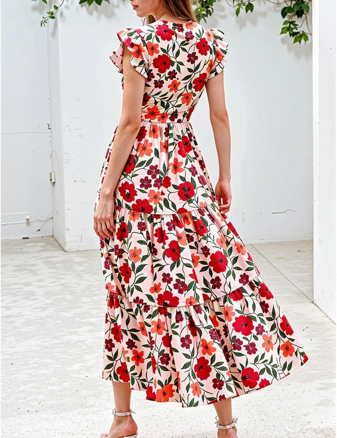 Floral Dress for Women Casual Summer Boho Cap Sleeve V Neck Wrap Maxi Dresses Flowy A Line Beach Vacation Sundress