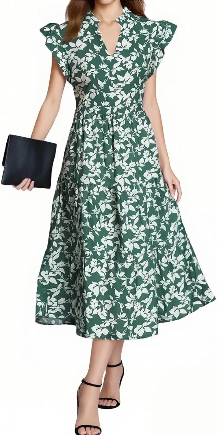 Floral Dress for Women Casual Summer Boho Cap Sleeve V Neck Wrap Maxi Dresses Flowy A Line Beach Vacation Sundress