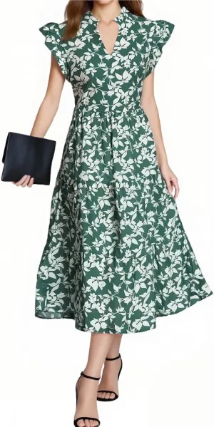 Floral Dress for Women Casual Summer Boho Cap Sleeve V Neck Wrap Maxi Dresses Flowy A Line Beach Vacation Sundress