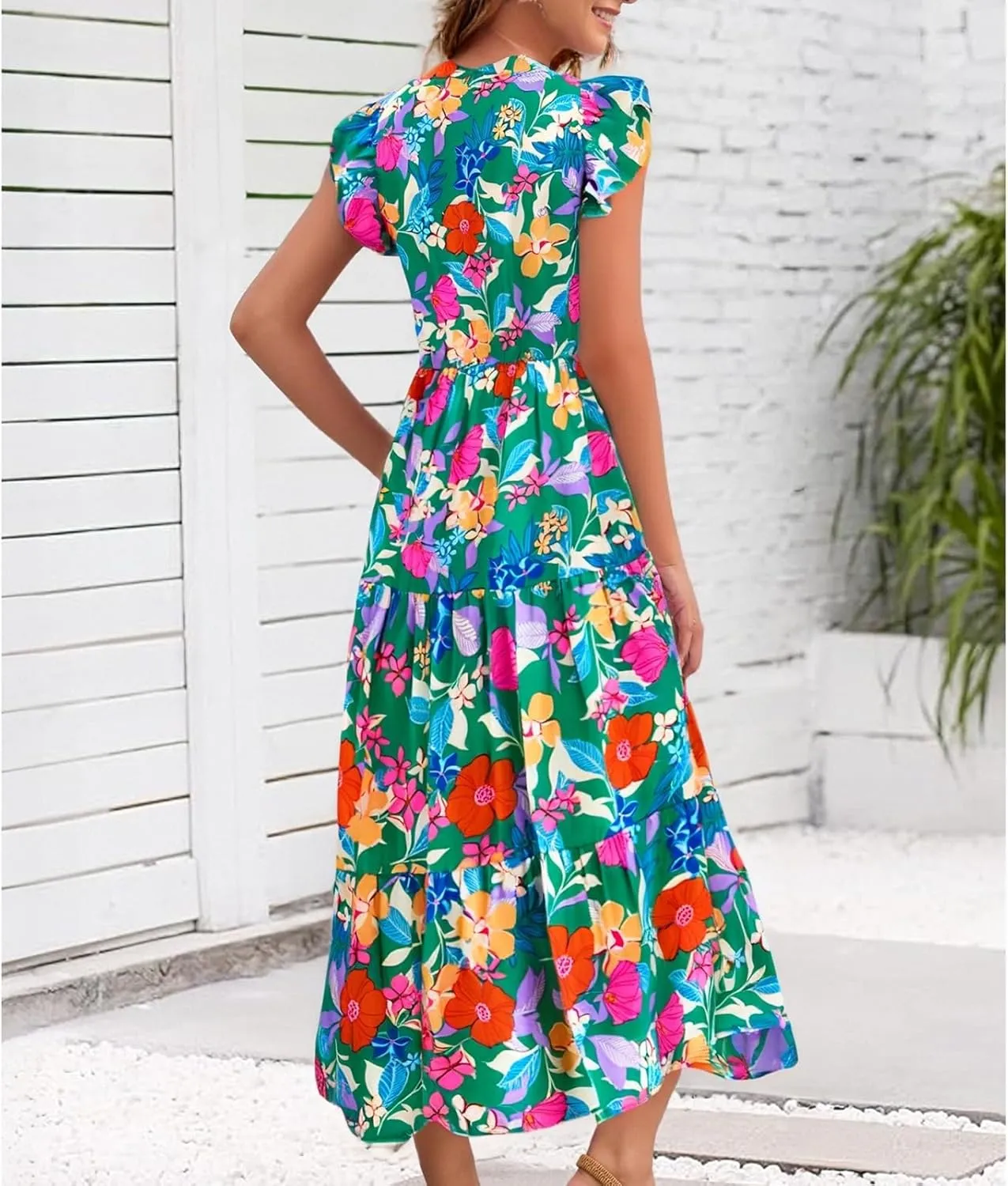 Floral Dress for Women Casual Summer Boho Cap Sleeve V Neck Wrap Maxi Dresses Flowy A Line Beach Vacation Sundress