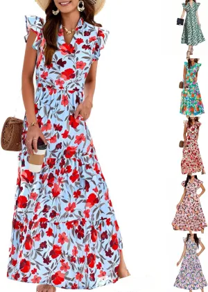 Floral Dress for Women Casual Summer Boho Cap Sleeve V Neck Wrap Maxi Dresses Flowy A Line Beach Vacation Sundress
